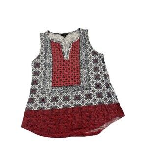 Lucky Brand Boho Geometric Print Navy Red Tank Top Blouse Size S Petite Cotton